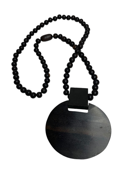 Vintage Wooden Beaded Pendant Statement Necklace Boho Style 30" Overhead No Clasp