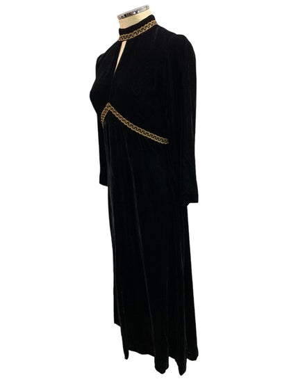 Small Black Velvet 1960s Handmade Dress Gold Tim Full Length