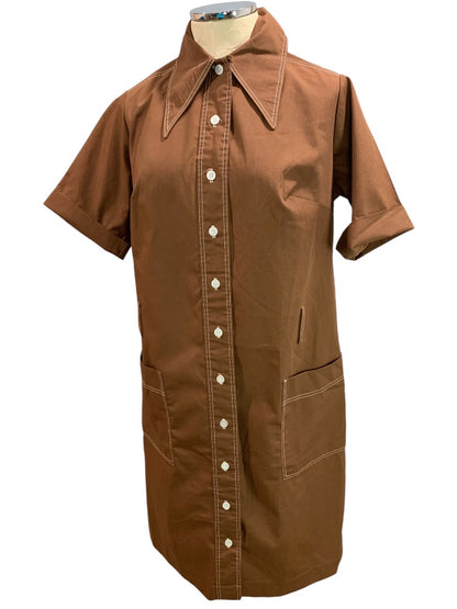 Size 16.5 Vintage 1970s House Dress Brown Cotton Dacron Blend Pockets Pointed Collar