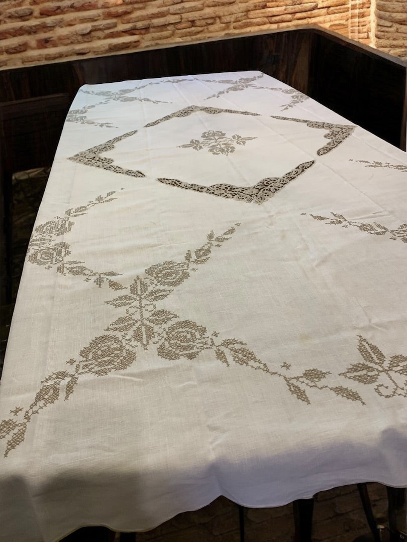 Vintage Tablecloth Embroidered Taupe Floral 66 x 83 Inches Scalloped Edge