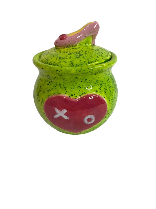 Green Lidded Jar 3.5 Inches High Heel Heart XO Glazed Ceramic