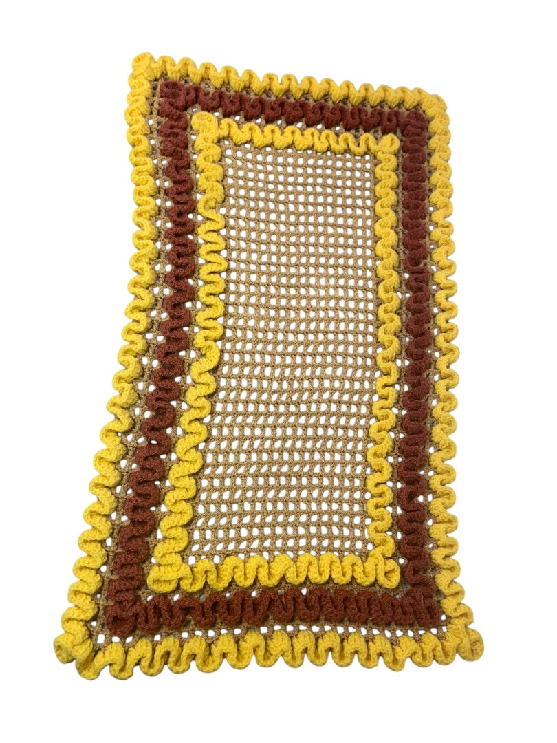 Vintage 1970s Handmade Crocheted Dresser Scarf runner Yellow Brown 29x17 Inches