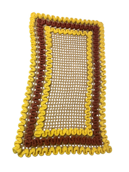 Vintage 1970s Handmade Crocheted Dresser Scarf runner Yellow Brown 29x17 Inches