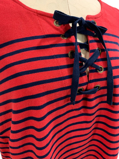 1X Talbots Woman Casual Knit Shift Dress Red Navy Blue Stripe Sleeveless