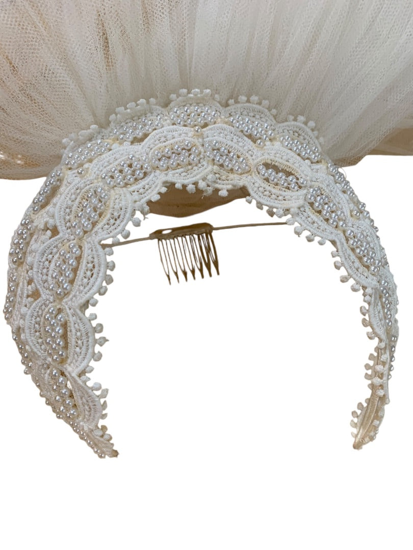 Vintage 1970s Bridal Veil Headband Ivory Fascinator Wedding