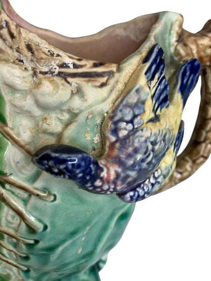 Majolica Pottery Pitcher Antique Bird Corset 1880s 8.5 Inch