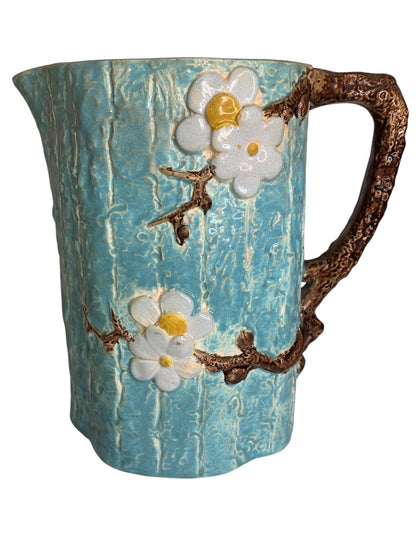 Antique Majolica Holdcroft Dogwood Pitcher Blue Ice Lip 8 Inch