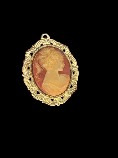 Vintage Cameo Pendant Goldtone Pink Statement 2.25 Inches