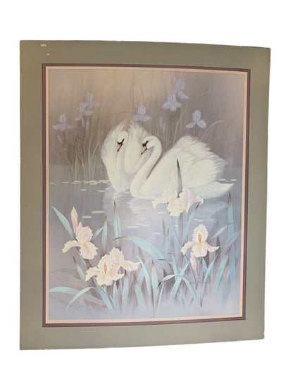 T C Chiu Vintage 1980s Lithograph Print Swans Lovebirds 21x17 Inch