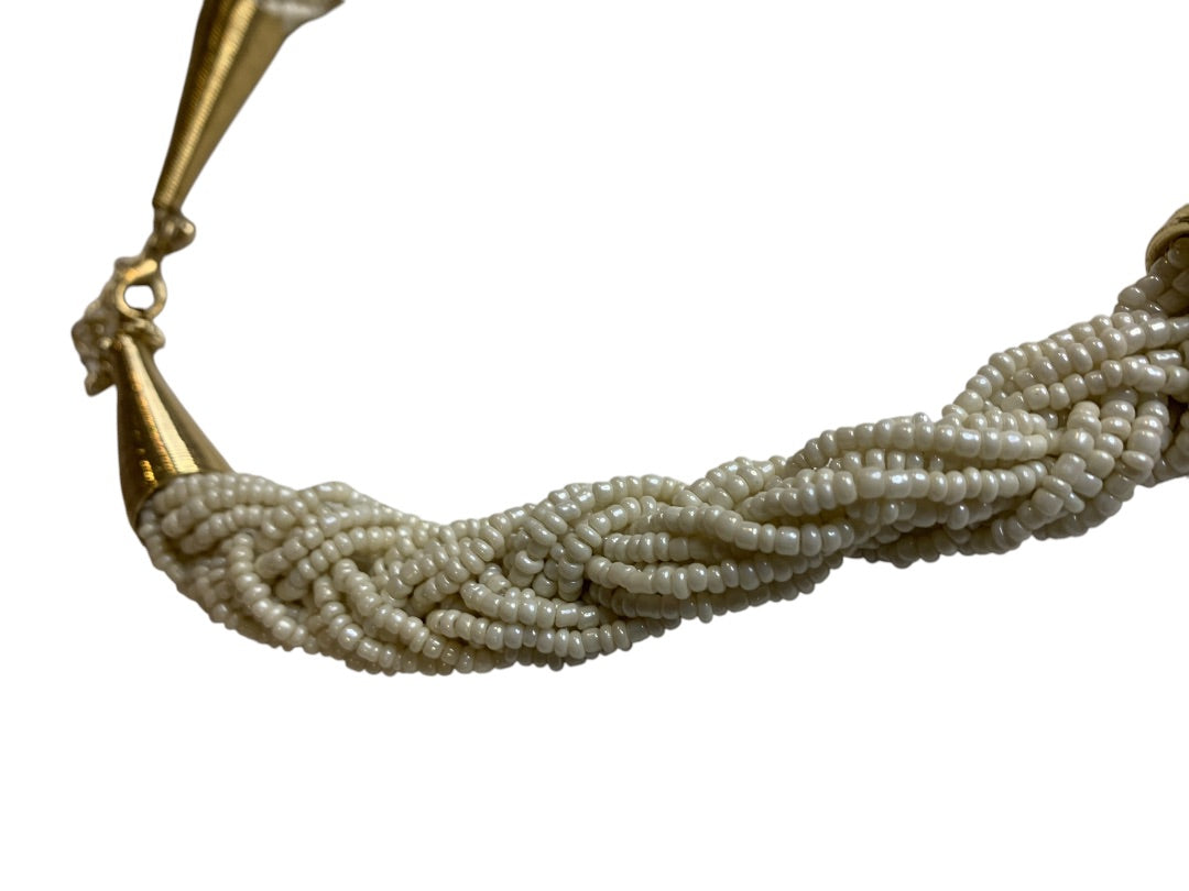 Vintage Goldtone White Seed Bead Statement Necklace 18-22 Inch