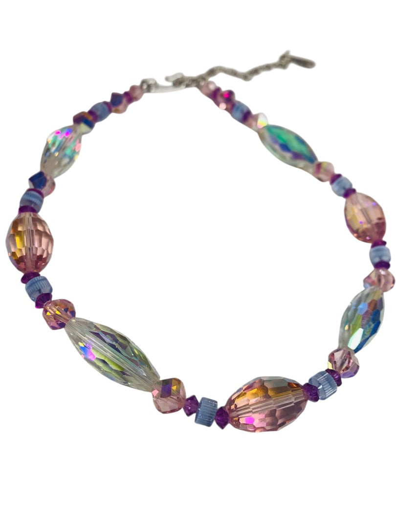 Aurora Borealis Beaded Necklace Choker 14-17 Inch Multicolor Hook Closure