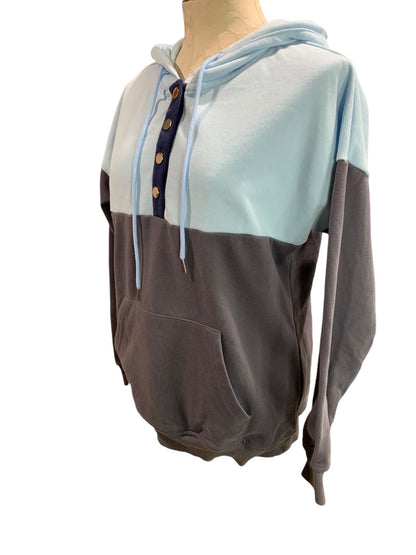 Medium Womens Blue Gray Hoodie Sweatshirt Snaps Colorblock