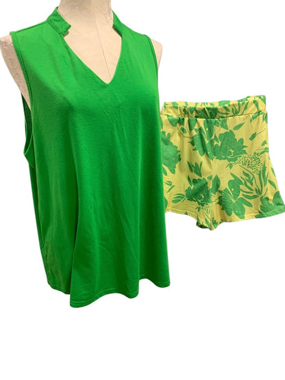 2XL Womens 2 Piece Knit Tank Short Set Tropical Yellow Green