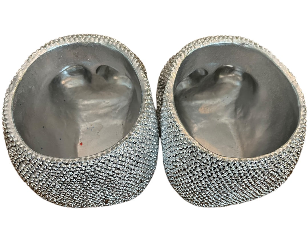 Set of 2 Silvertone Skull Textured Decor Bowl Dish Centerpiece 6 Inch