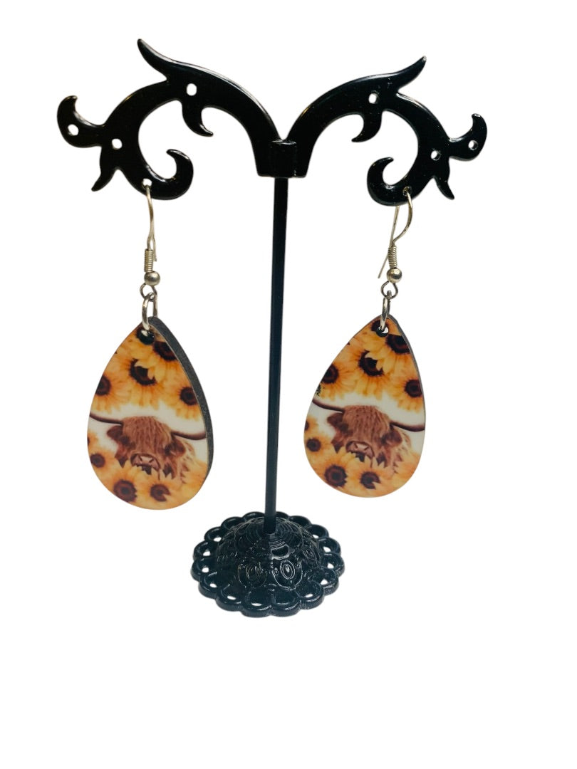 Sunflower Highland Cow Hook Pierced Earrings Lightweight Double Sided