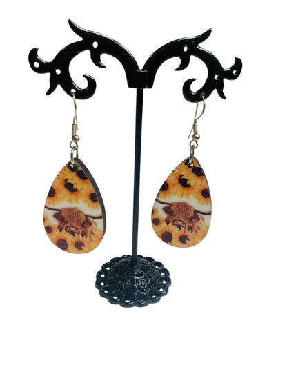 Sunflower Highland Cow Hook Pierced Earrings Lightweight Double Sided