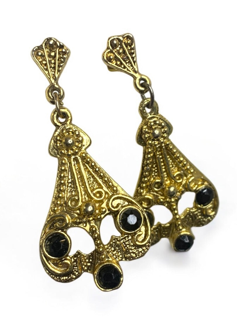 Goldtone Black Post Pierced Earrings Art Deco Style 2 Inch Drop