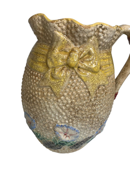 Antique Majolica Pitcher Pottery Wildflower Yellow Bow 7.5 Inch