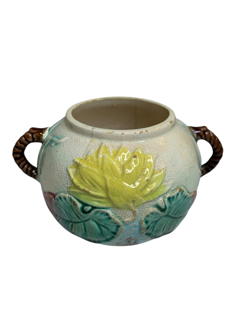 Antique Majolica Water Lily Pond Rope Sugar Bowl Handled