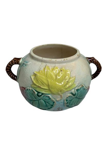 Antique Majolica Water Lily Pond Rope Sugar Bowl Handled
