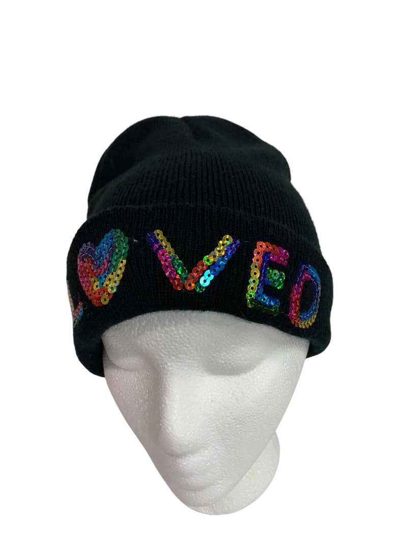 One Size Girls Black Sweater Knit Beanie Hat "Loved" Sequins