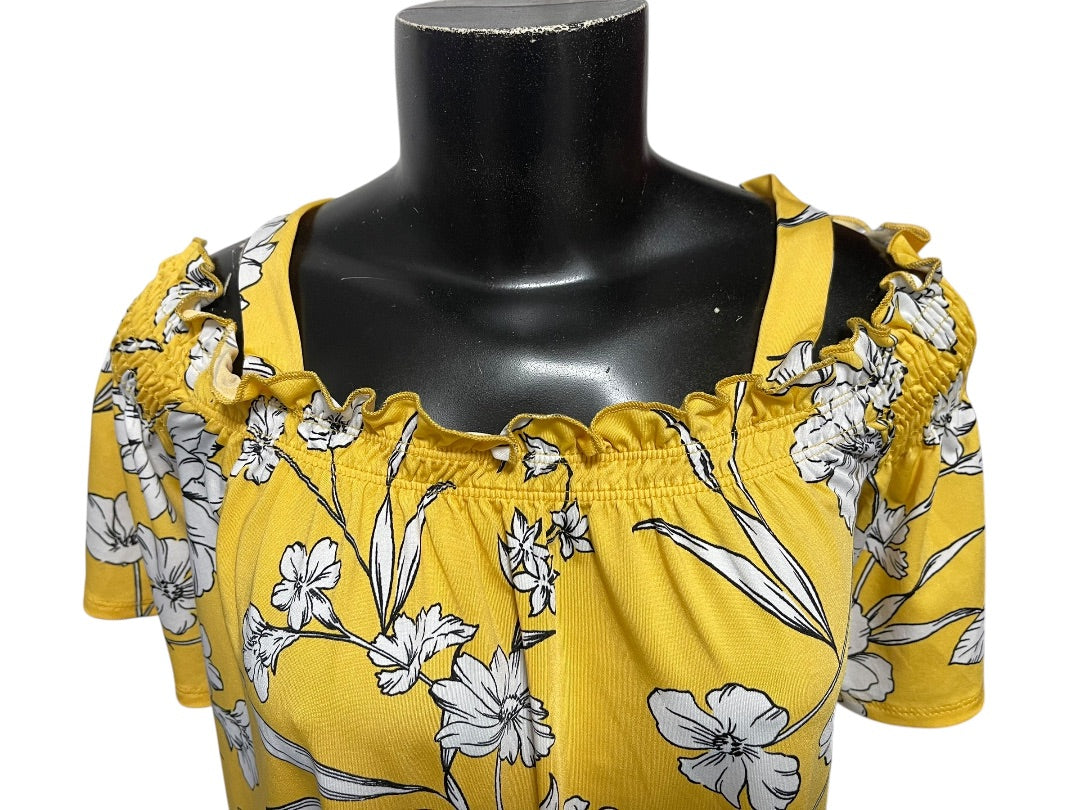Large PerSeption Concept Floral Off Shoulder Womens Shirt Yellow