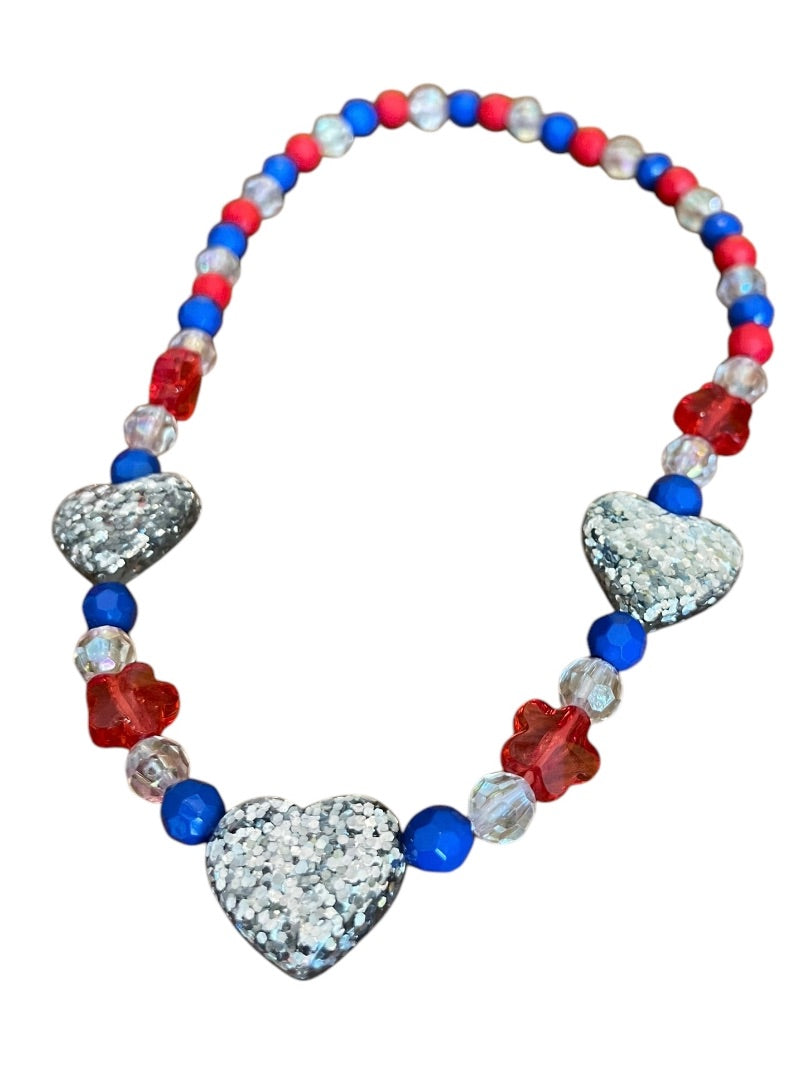 Girls Stretch Necklace Acrylic Beaded Overhead Red Blue Sparkle