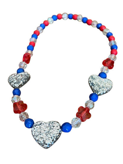 Girls Stretch Necklace Acrylic Beaded Overhead Red Blue Sparkle