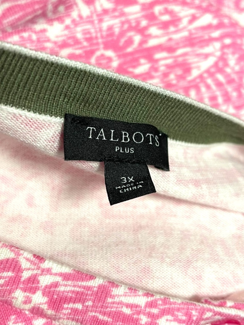 3X Talbots Plus Womens Lightweight 3/4 Sleeve Cardigan Sweater Pink Contrast Trim