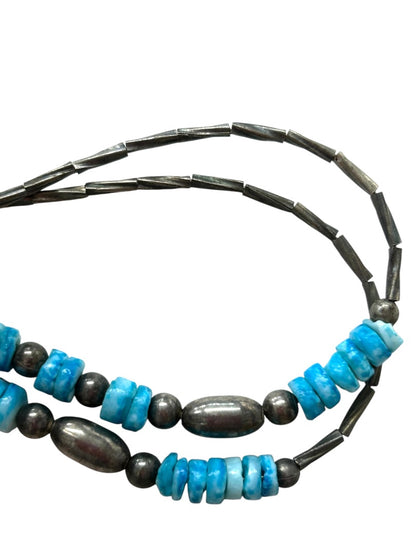 Vintage Silvertone Teal Beaded Necklace Barrel Clasp 18 Inch