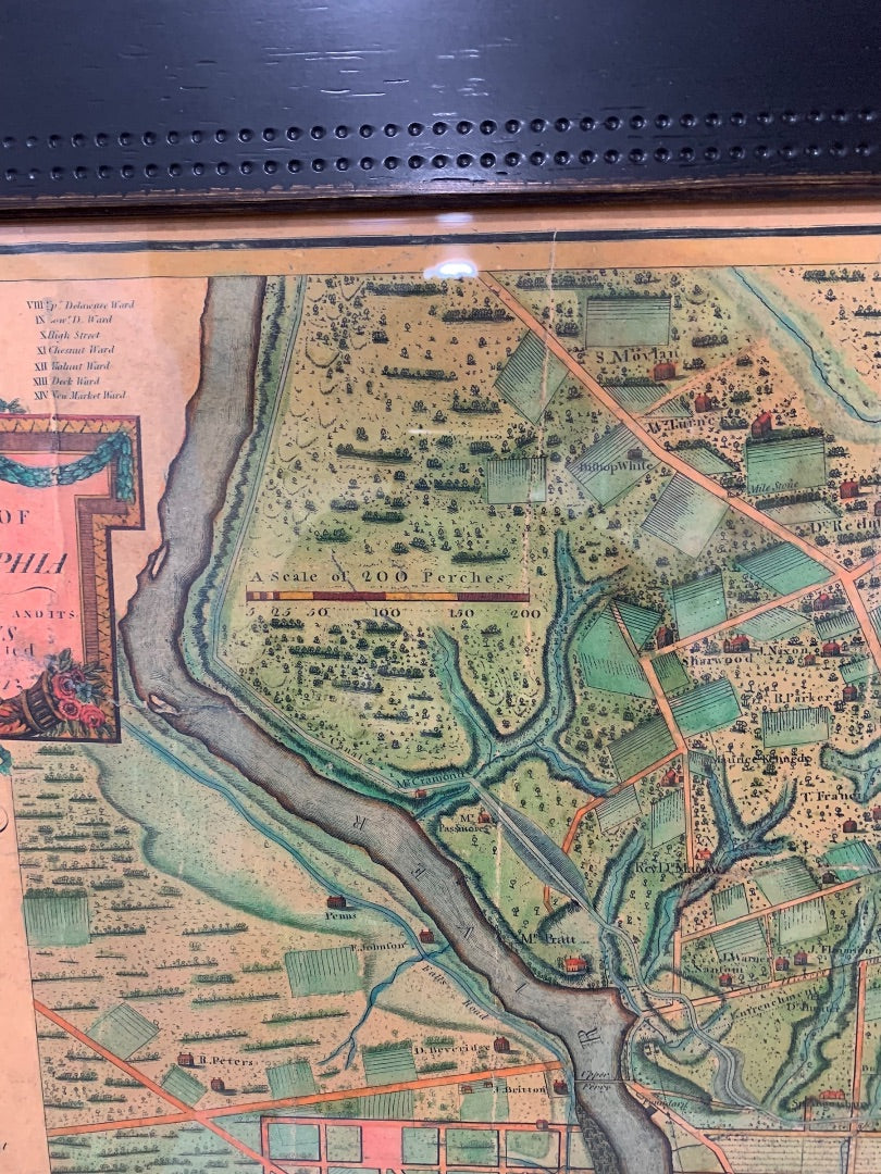 Reproduction 1802 Framed Map of Philadelphia Wooden Frame 34.5 x 26.5 Inches