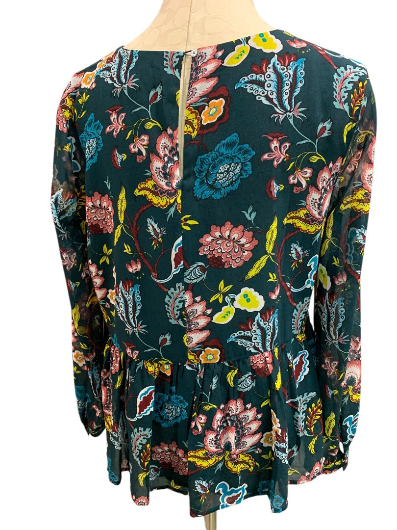 Medium LOFT Sheer Floral Print Blouse Flounce Hem Shirt