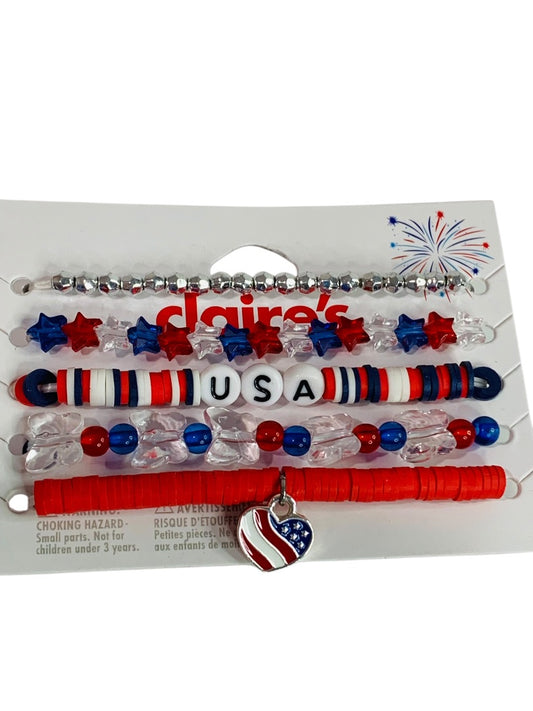 Claires New Set of 5 Beaded Stretch Bracelets Patriotic USA