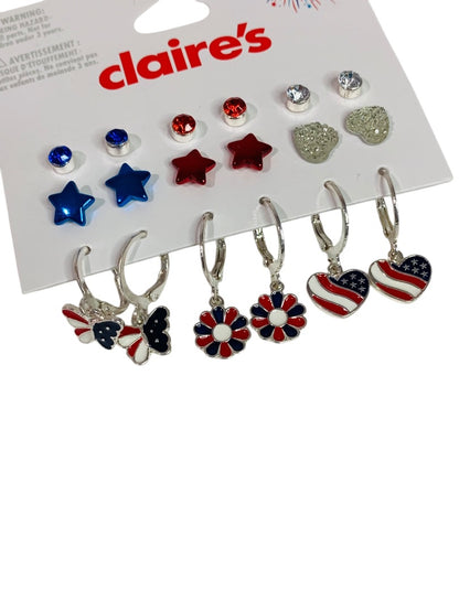 Claires New Set of 9 Post and Hoop Pierced Earrings Patriotic