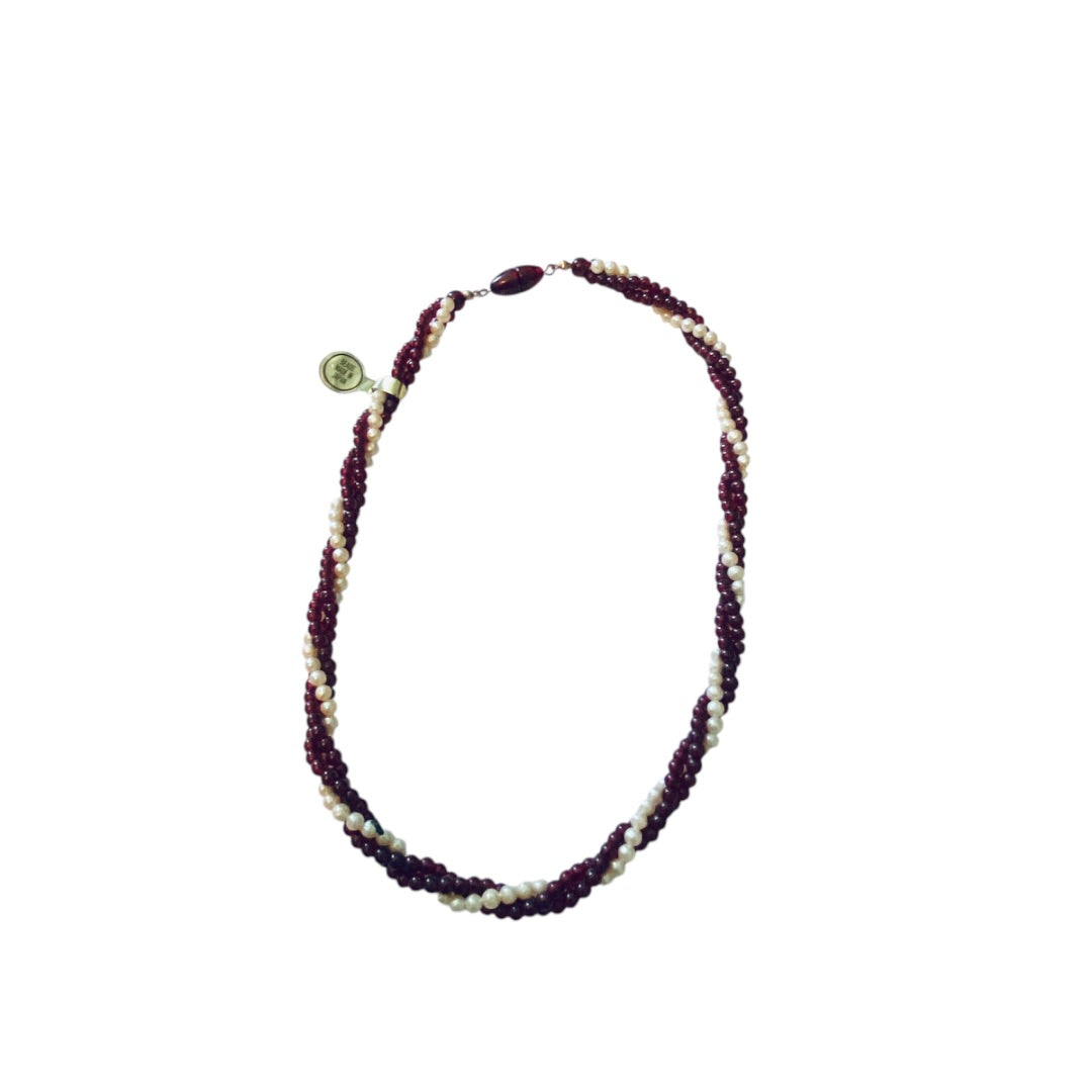 Vintage Twist Multistrand Necklace Burgundy Cream Beading 18 Inch Barrel Screw Clasp