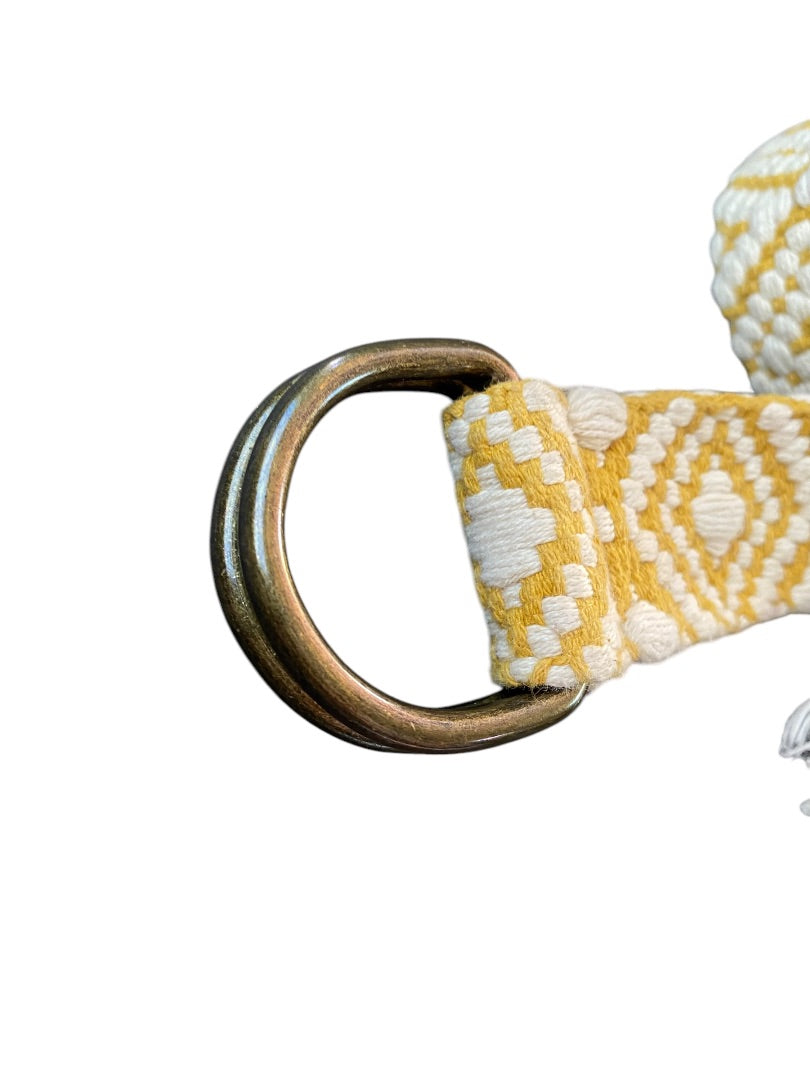 Womens Boho Woven Belt D-Ring Fringed 1.5 Inch Width Gold Off White