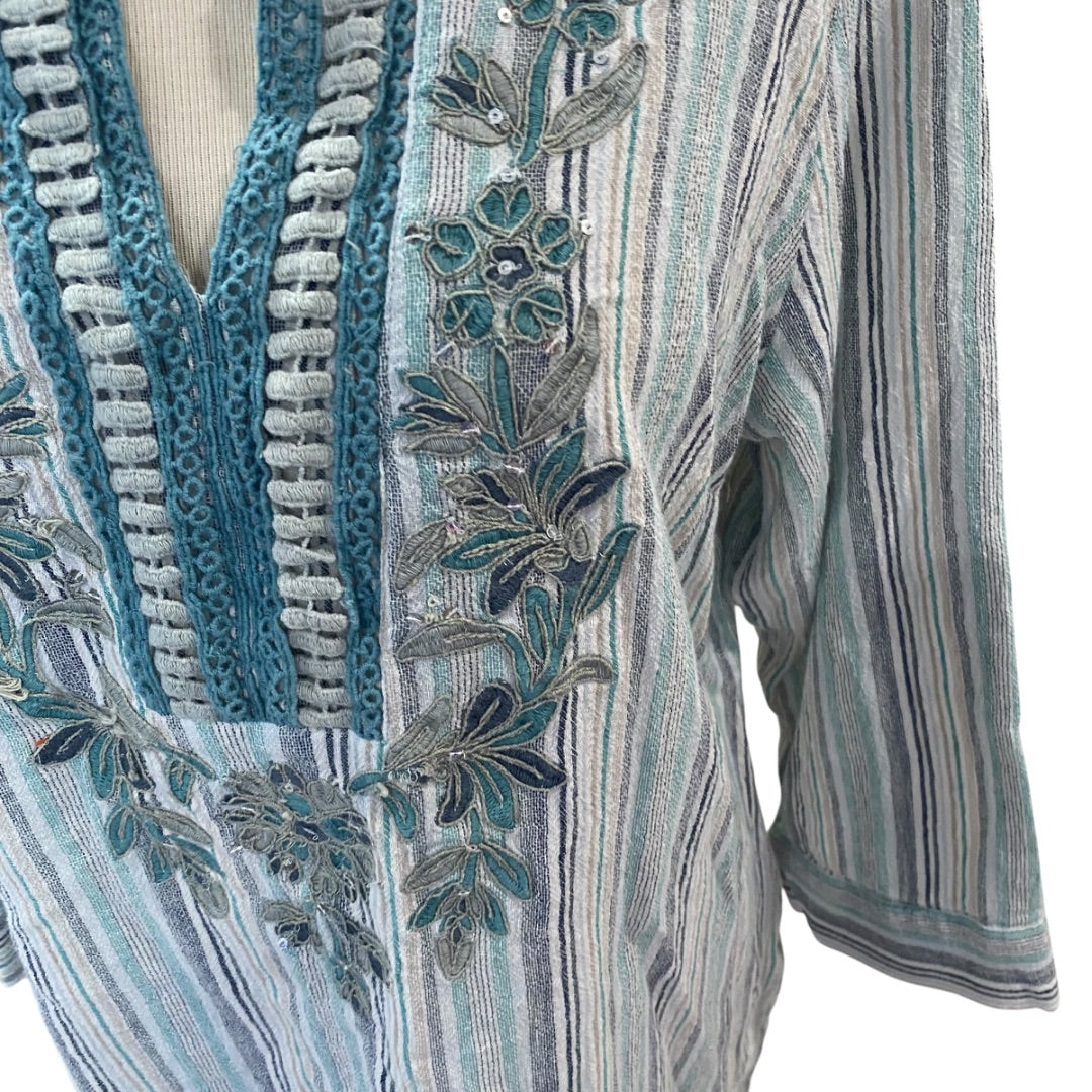 Large Soft Surroundings Womens Tunic Shirt Embelia Blue Green Embroidered Sequin
