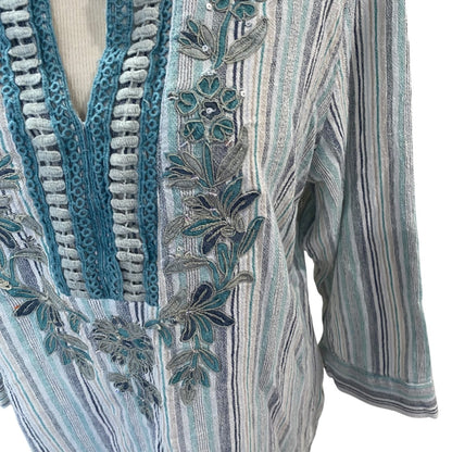 Large Soft Surroundings Womens Tunic Shirt Embelia Blue Green Embroidered Sequin
