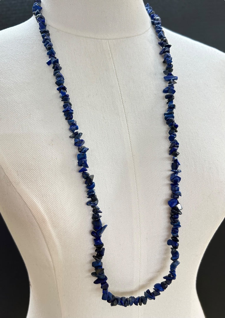 Strand String 34 Inch Necklace Lapis Lazuli Chip Stones 925 Sterling Clasp