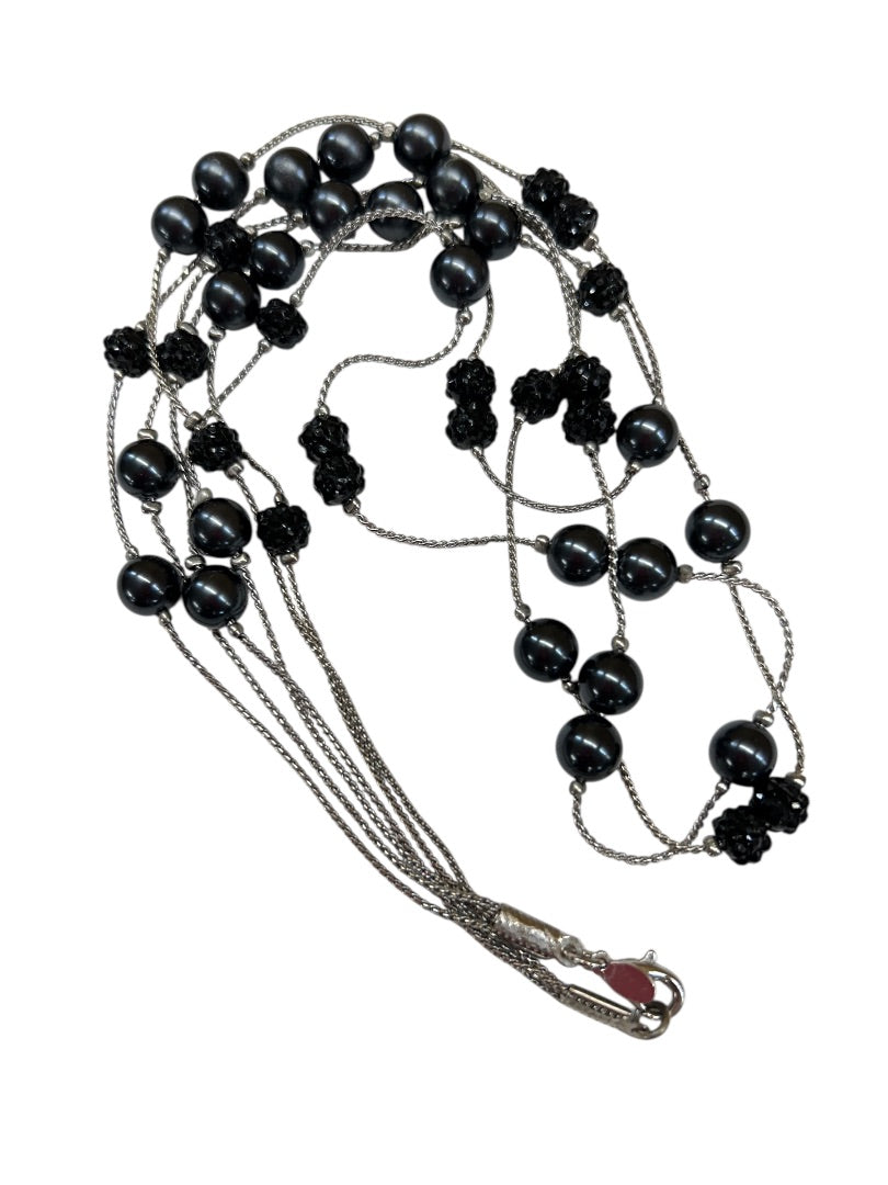 RMN Triple Strand Silvertone Beaded Tiered Necklace 16-20 Inches Lobster Clasp