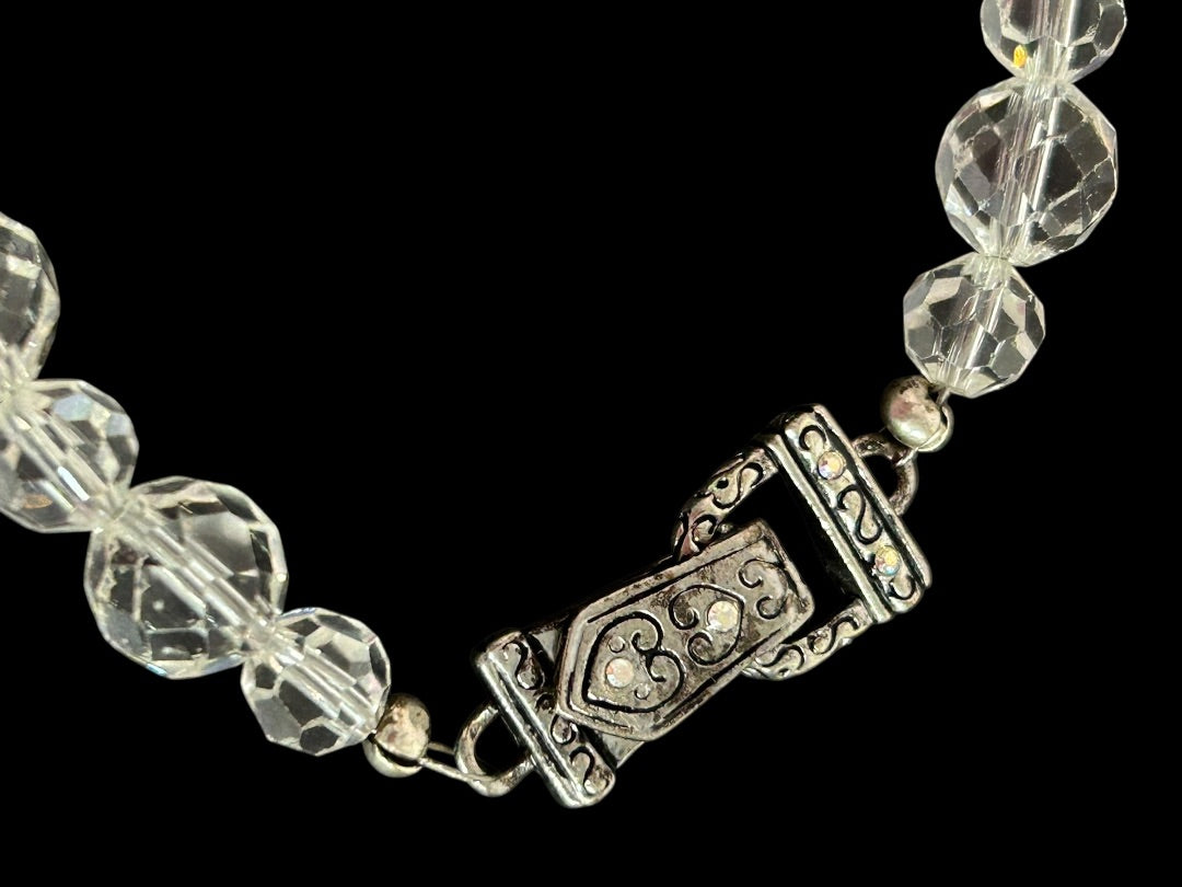 Faceted Clear Crystal Bracelet Silvertone Foldover Magnetic Clasp 9 Inch