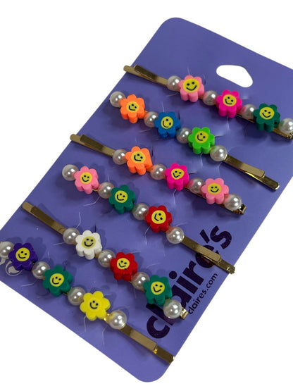 Claires New Rainbow Flower Smiley Face Bobby Pin Faux Pearl Set of 6