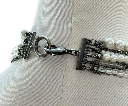 Mixed Beads Multistrand Tiered Necklace White Silvertone Pewter Oversize Lobster Clasp