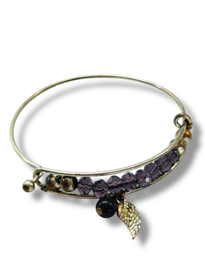 Silvertone Adjustable Bangle Bracelet Purple Crystal Angel Wing