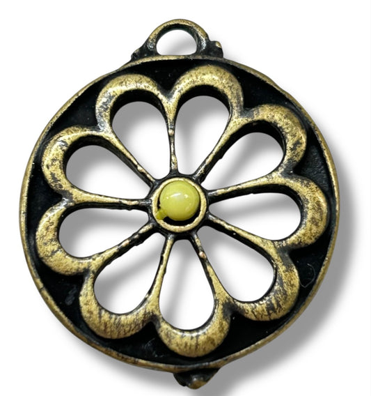 Goldtone Black Yellow Flower Pendant Open Design for Necklace 1 Inch Diameter