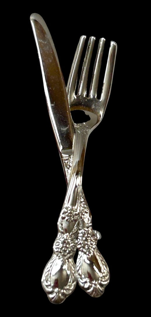 Silvertone Fork and Knife Brooch Pin 1.9 Inch Cutlery Dining Jewelry