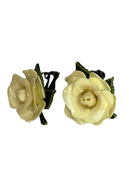 Vintage Clip On Earrings Non-Pierced Dimensional Cream Rose 1" Diameter