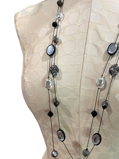 NY Double Strand Black Clear Beaded Necklace 36-40 Inch Lobster Clasp