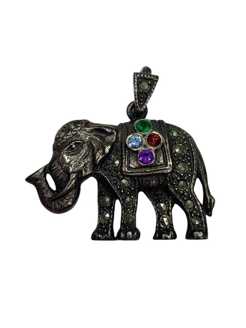 Vintage Elephant Silver Luck Pendant Stones Small 1 Inch
