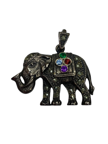 Vintage Elephant Silver Luck Pendant Stones Small 1 Inch